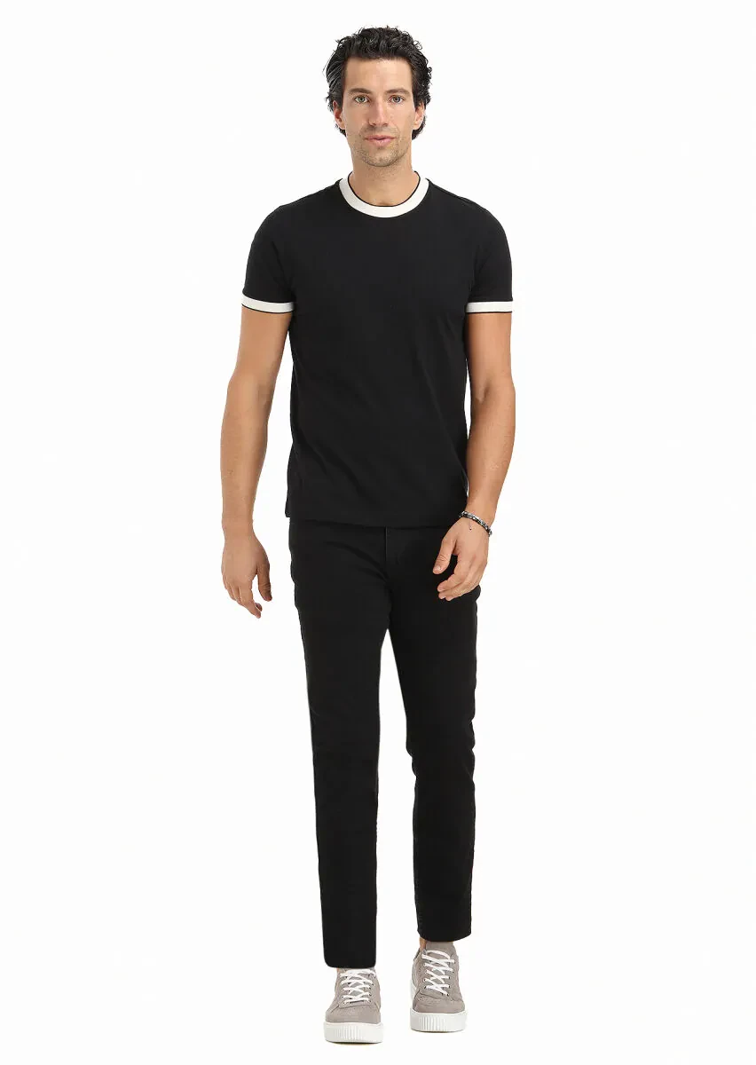 Siyah Düz Bisiklet Yaka %100 Pamuk T-Shirt - 1