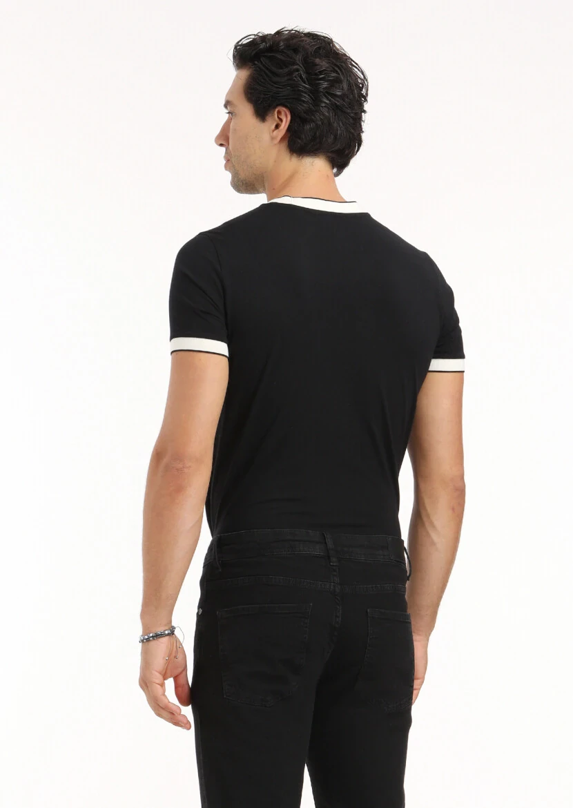 Siyah Düz Bisiklet Yaka %100 Pamuk T-Shirt - 5