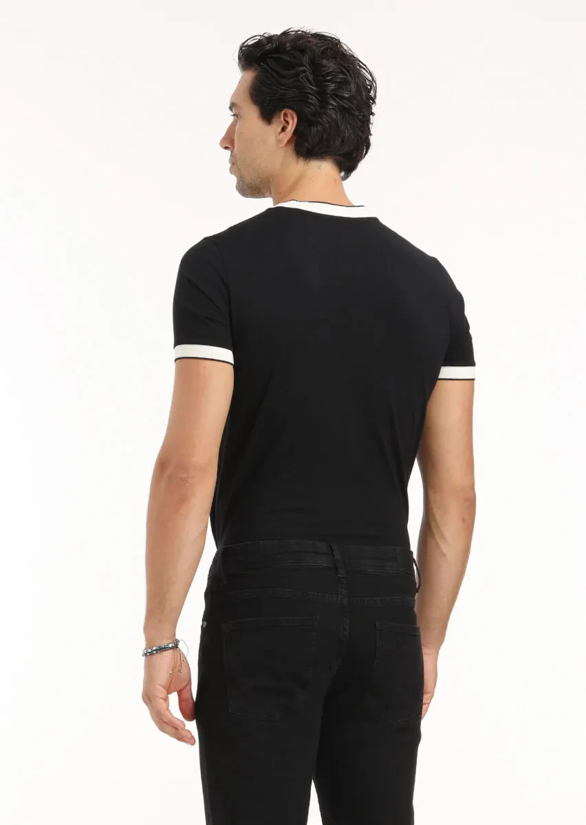 Siyah Düz Bisiklet Yaka %100 Pamuk T-Shirt - 5