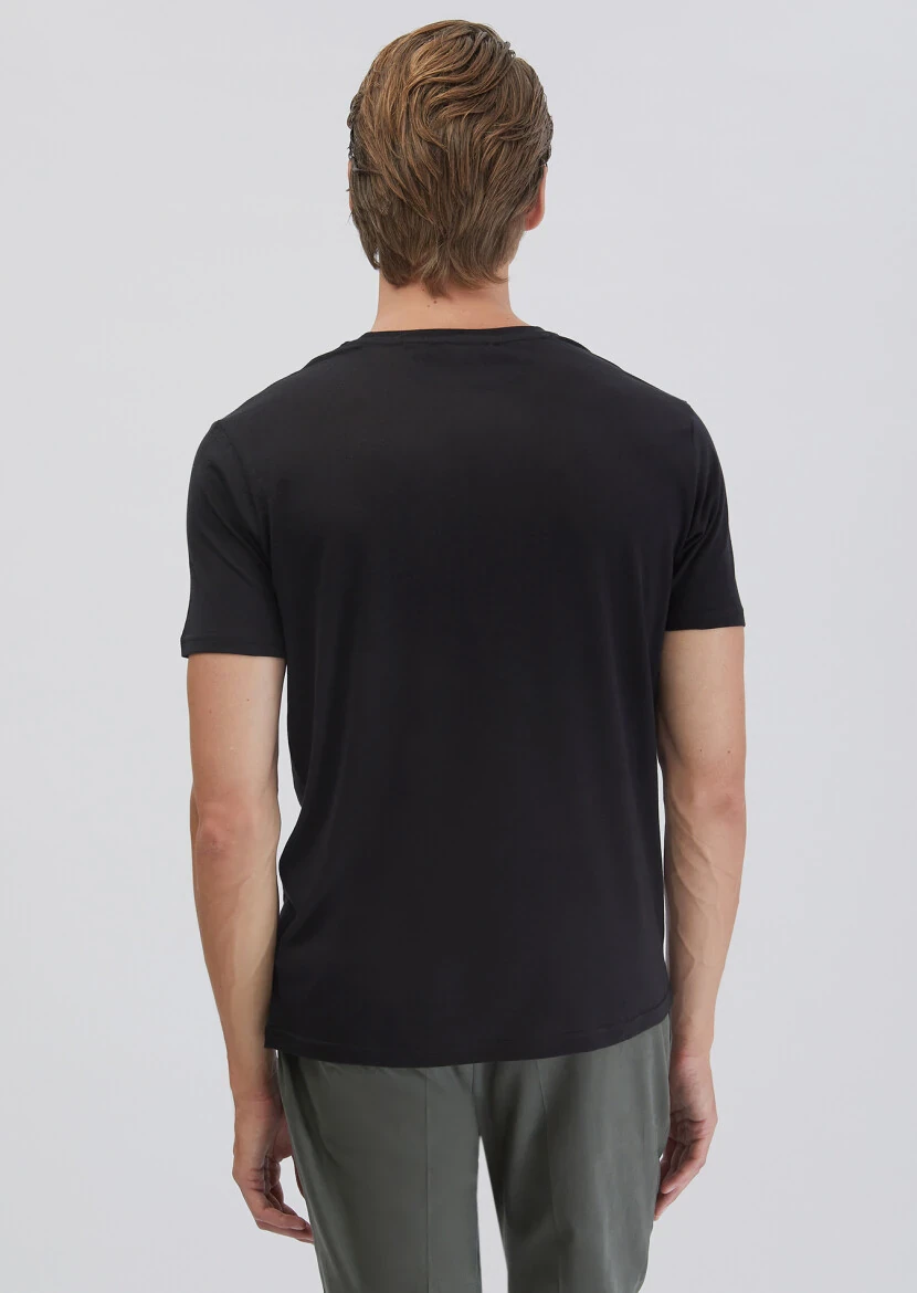 Siyah Düz Bisiklet Yaka T-Shirt - 5