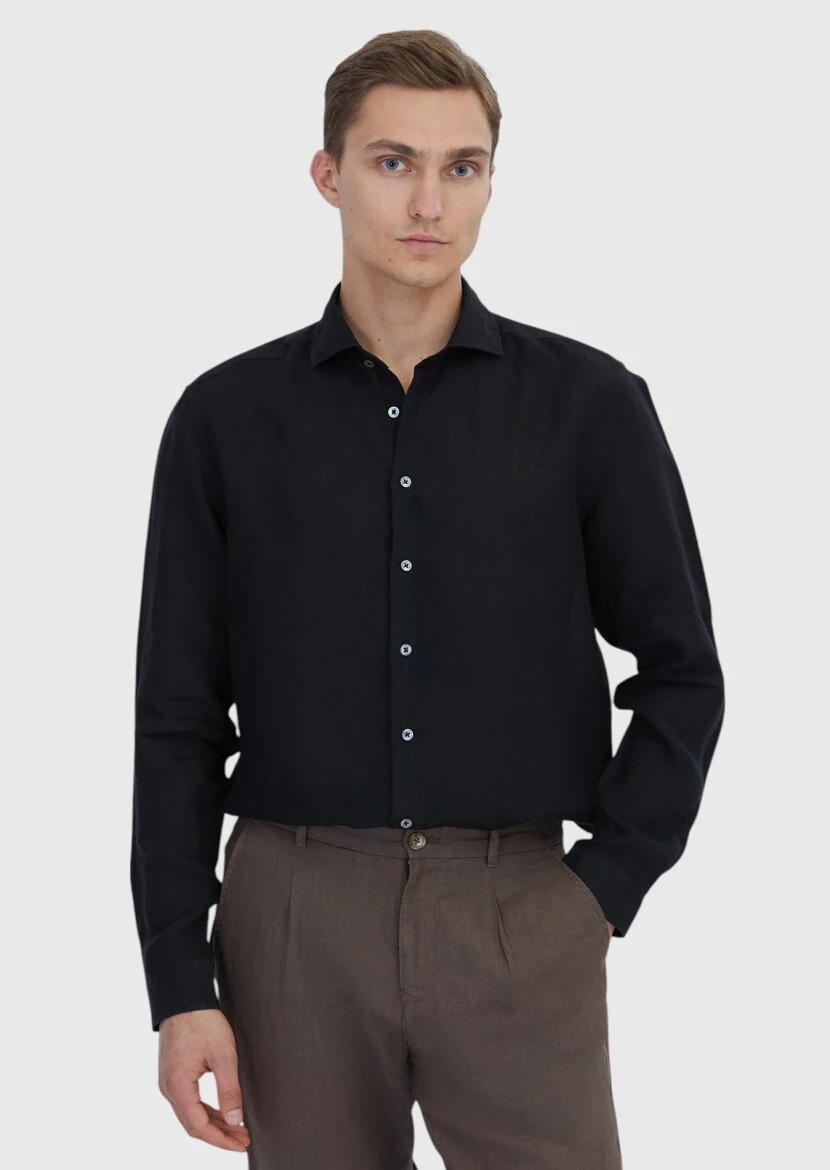 Siyah Düz Casual Fit Dokuma Casual %100 Keten Gömlek - RAMSEY