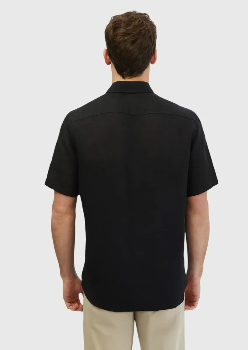 Siyah Düz Casual Fit Dokuma Casual %100 Keten Gömlek - 5