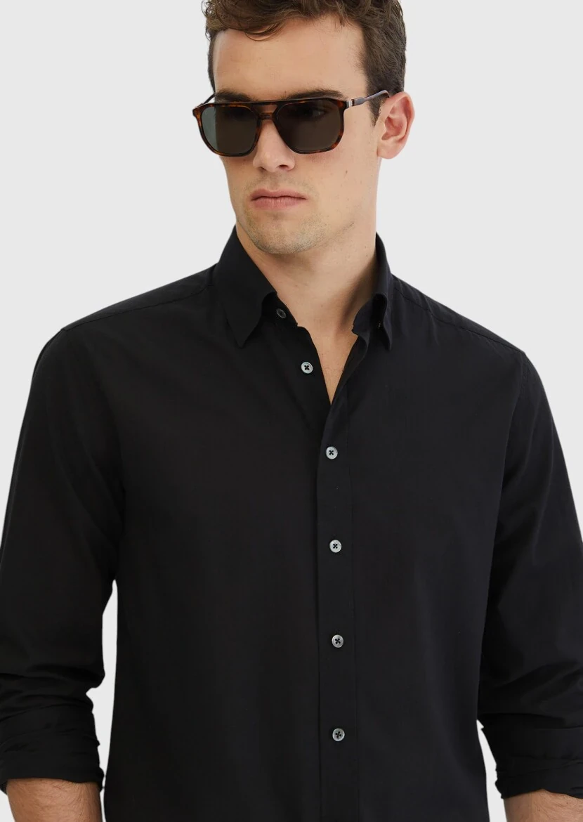 Siyah Düz Casual Fit Dokuma Casual %100 Pamuk Gömlek - 3