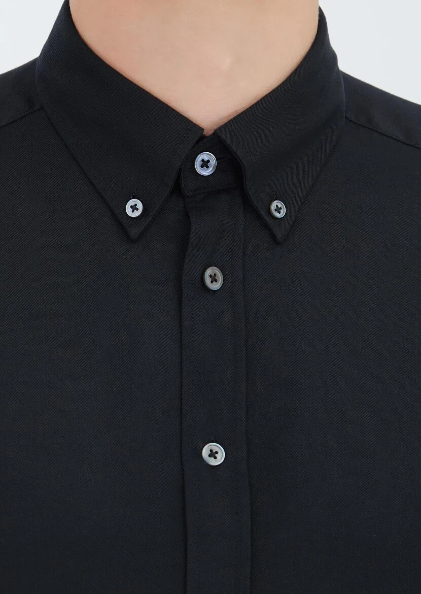 Siyah Düz Casual Fit Dokuma Casual Gömlek - 3