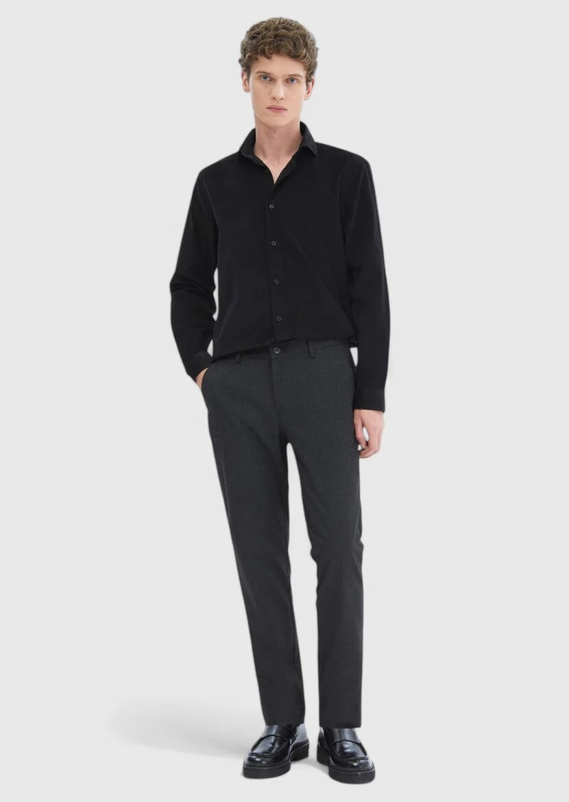 Siyah Düz Casual Fit Dokuma Kadife Casual %100 Pamuk Gömlek 