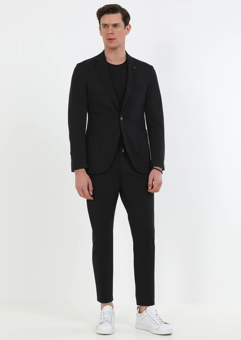 Siyah Düz Comfort Fit Örme Takım Elbise - 1