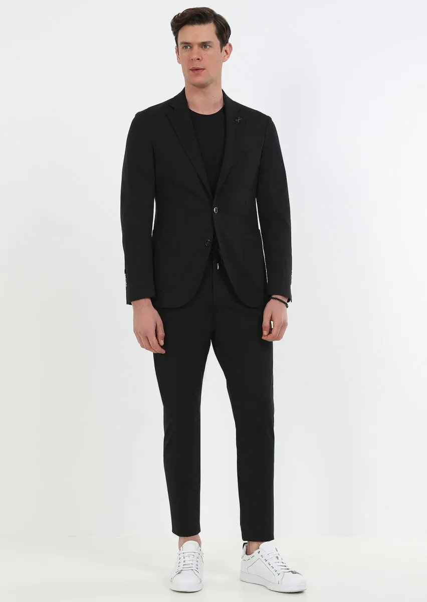 Siyah Düz Comfort Fit Örme Takım Elbise - 1