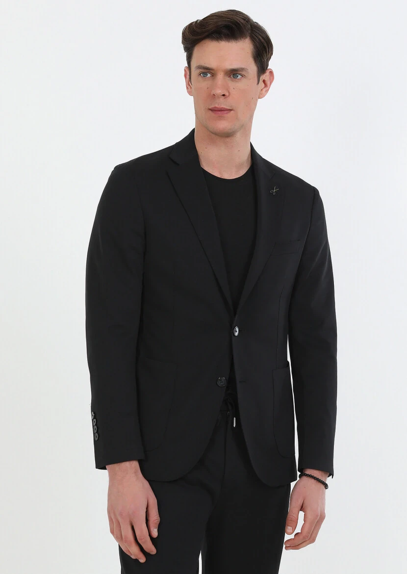 Siyah Düz Comfort Fit Örme Takım Elbise - 2