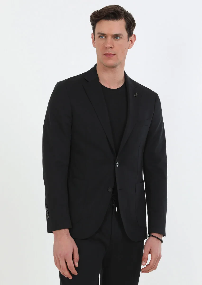 Siyah Düz Comfort Fit Örme Takım Elbise - 2