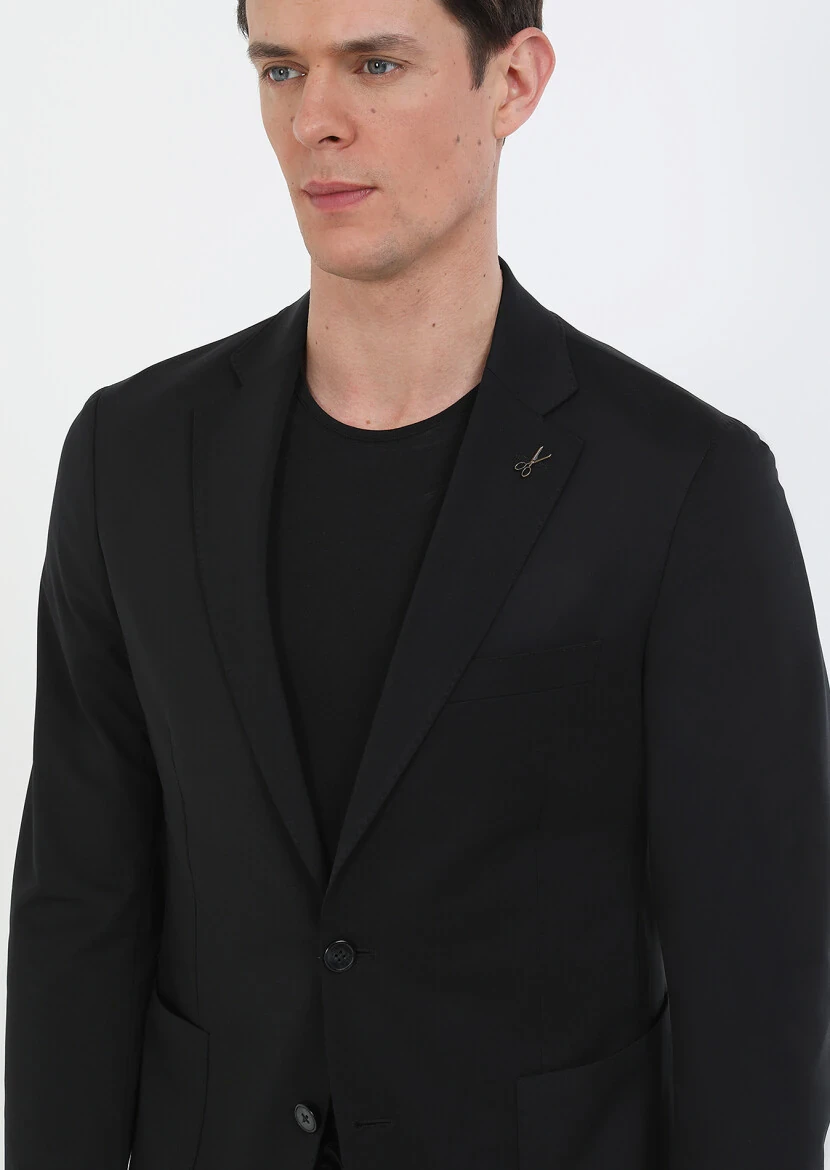 Siyah Düz Comfort Fit Örme Takım Elbise - 3