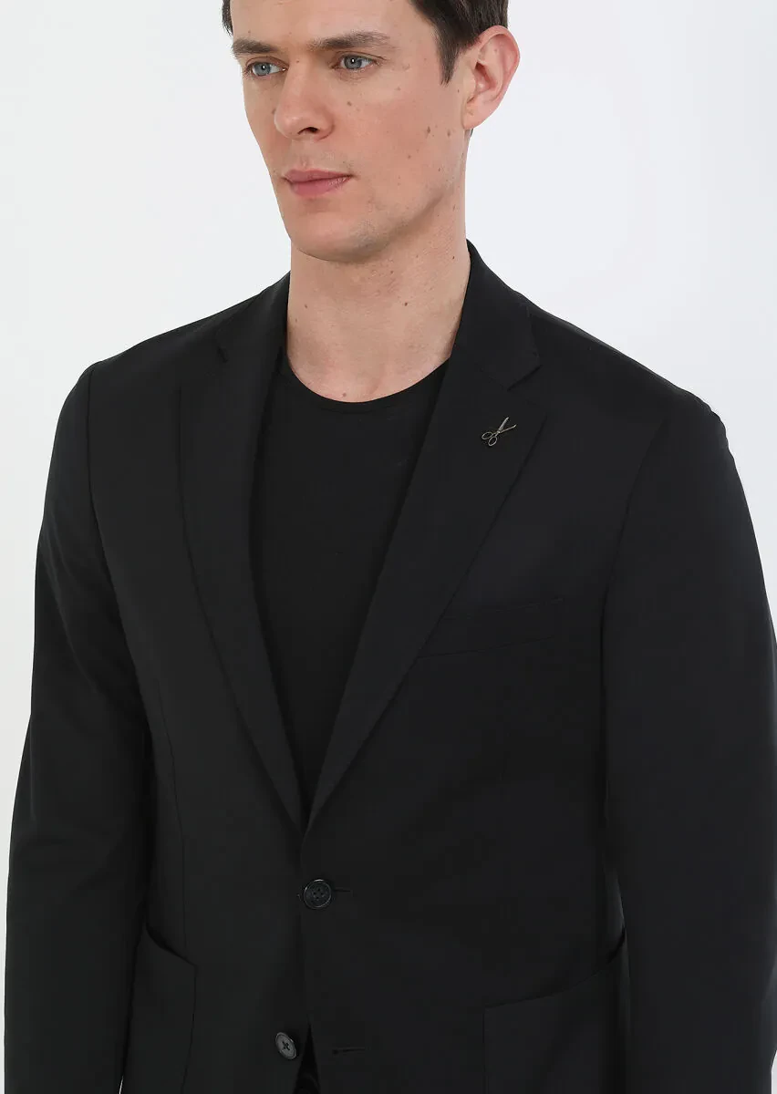 Siyah Düz Comfort Fit Örme Takım Elbise - 3