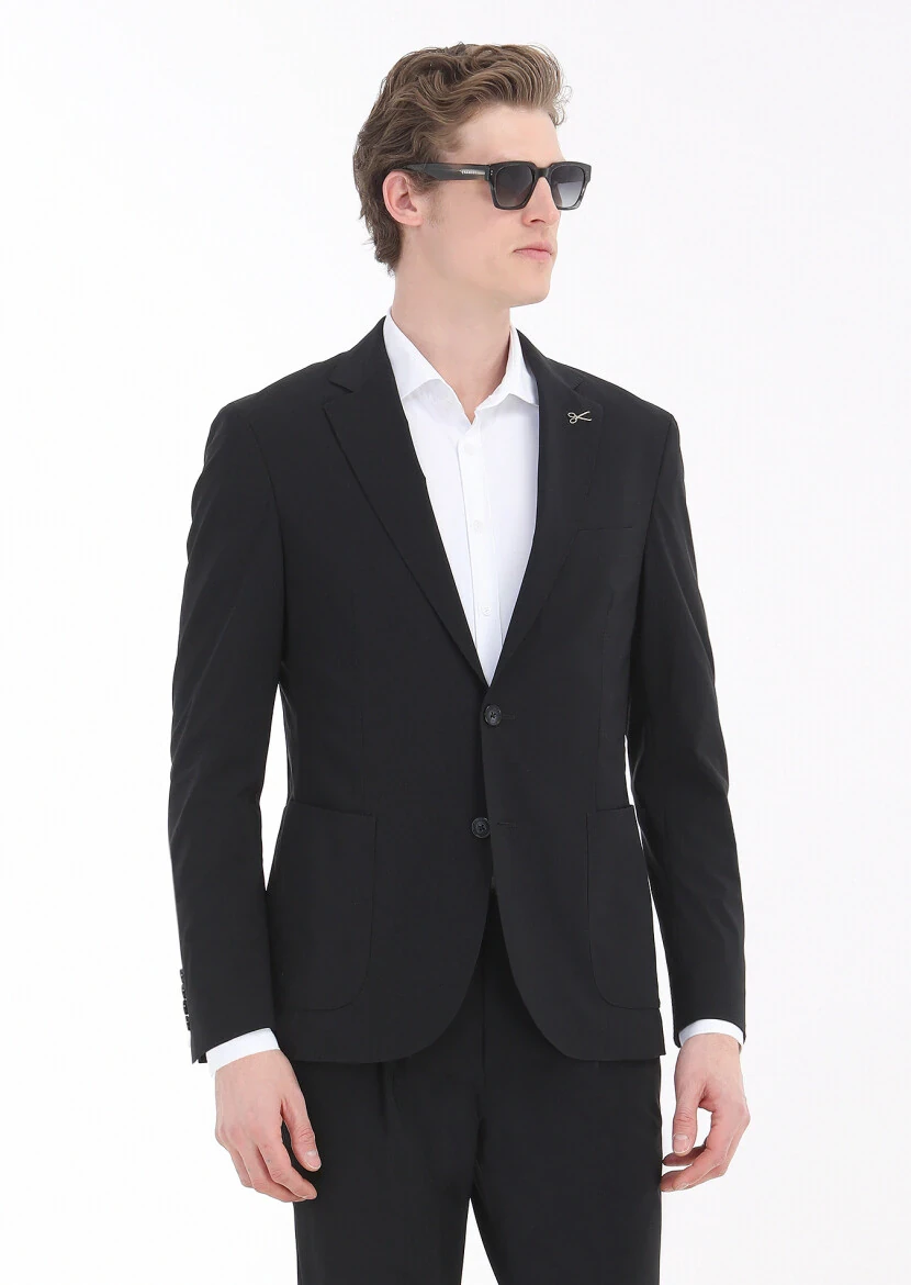 Siyah Düz Comfort Fit Örme Takım Elbise - 5