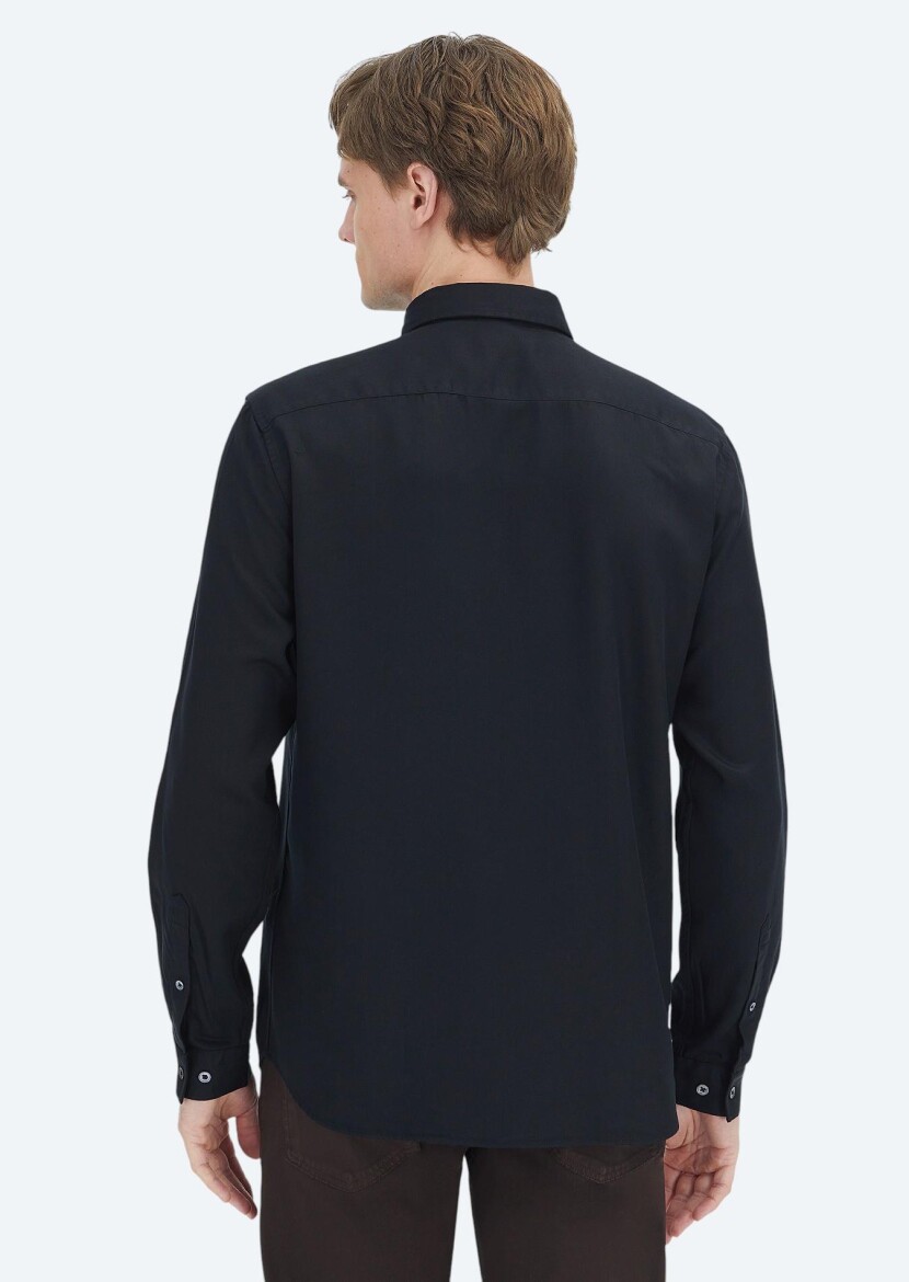 Siyah Düz Dokuma Casual Gömlek - 5