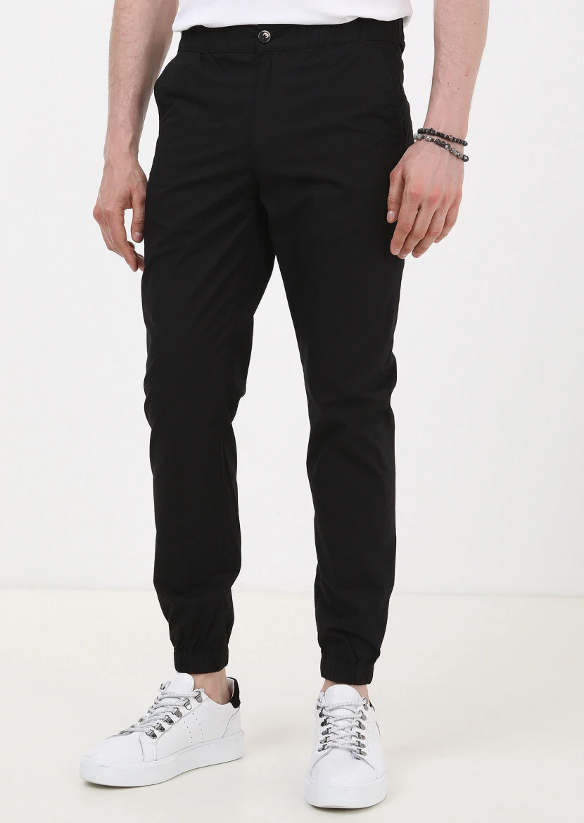 Siyah Düz Dokuma Jogging Fit Casual %100 Pamuk Pantolon - 1
