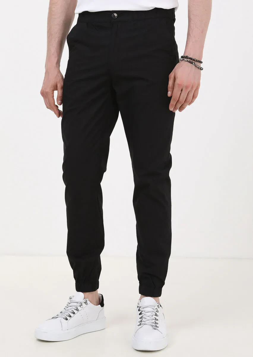 Siyah Düz Dokuma Jogging Fit Casual %100 Pamuk Pantolon - 1