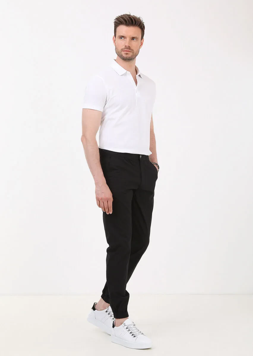 Siyah Düz Dokuma Jogging Fit Casual %100 Pamuk Pantolon - 2