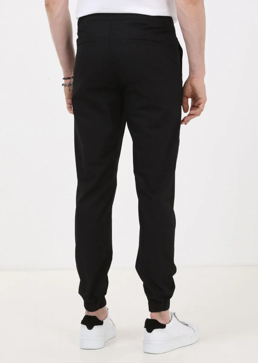 Siyah Düz Dokuma Jogging Fit Casual %100 Pamuk Pantolon - 5