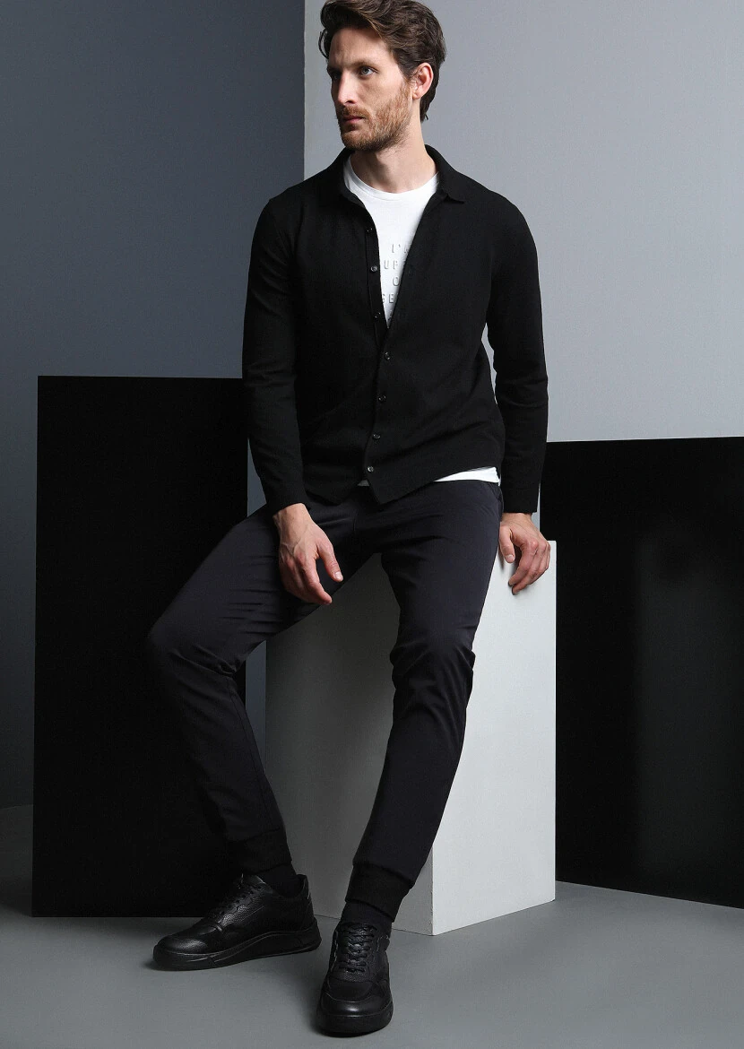 Siyah Düz Dokuma Jogging Fit Casual Pamuk Karışımlı Pantolon - 2