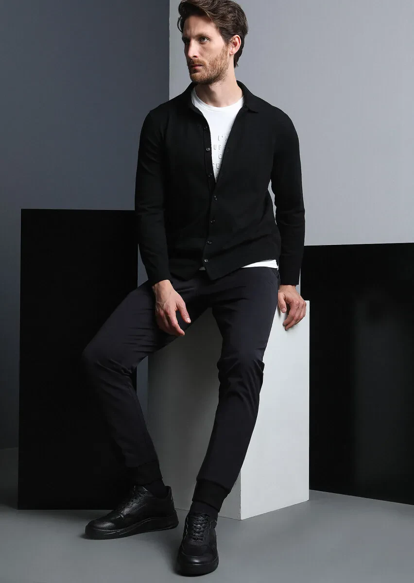 Siyah Düz Dokuma Jogging Fit Casual Pamuk Karışımlı Pantolon - 2