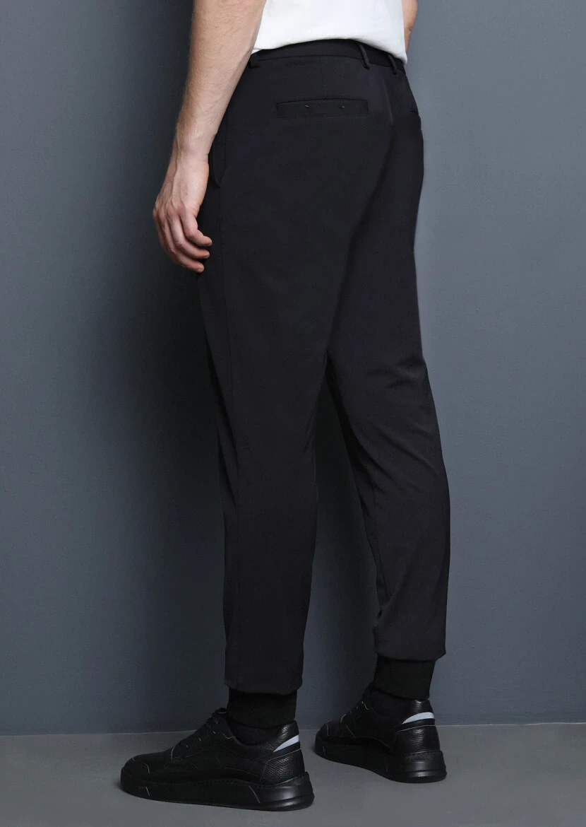 Siyah Düz Dokuma Jogging Fit Casual Pamuk Karışımlı Pantolon - 5