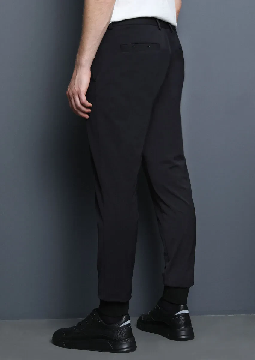 Siyah Düz Dokuma Jogging Fit Casual Pamuk Karışımlı Pantolon - 5