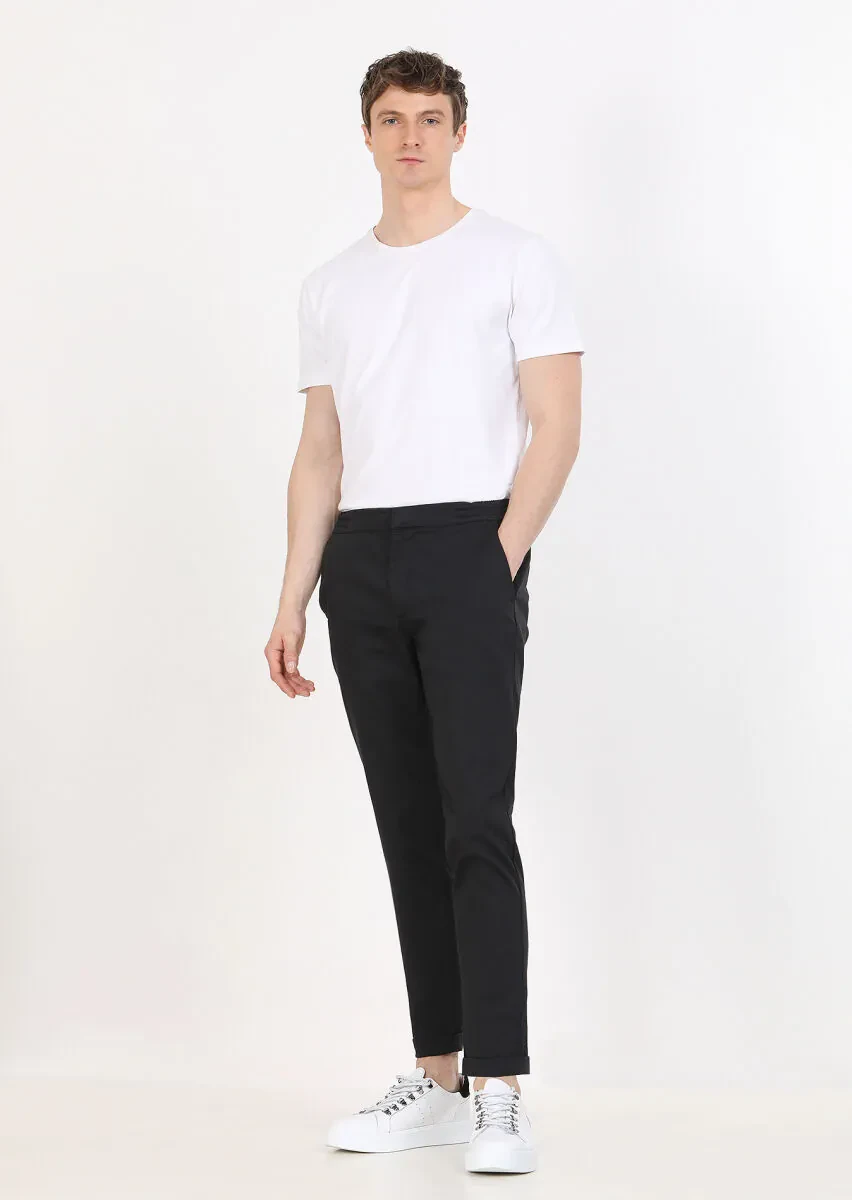 Siyah Düz Dokuma Jogging Fit Casual Pamuk Karışımlı Pantolon - 2