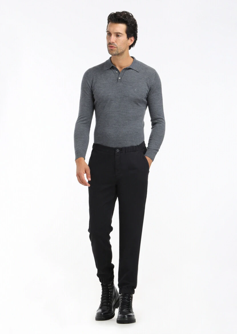 Siyah Düz Dokuma Jogging Fit Casual Pamuk Karışımlı Pantolon 