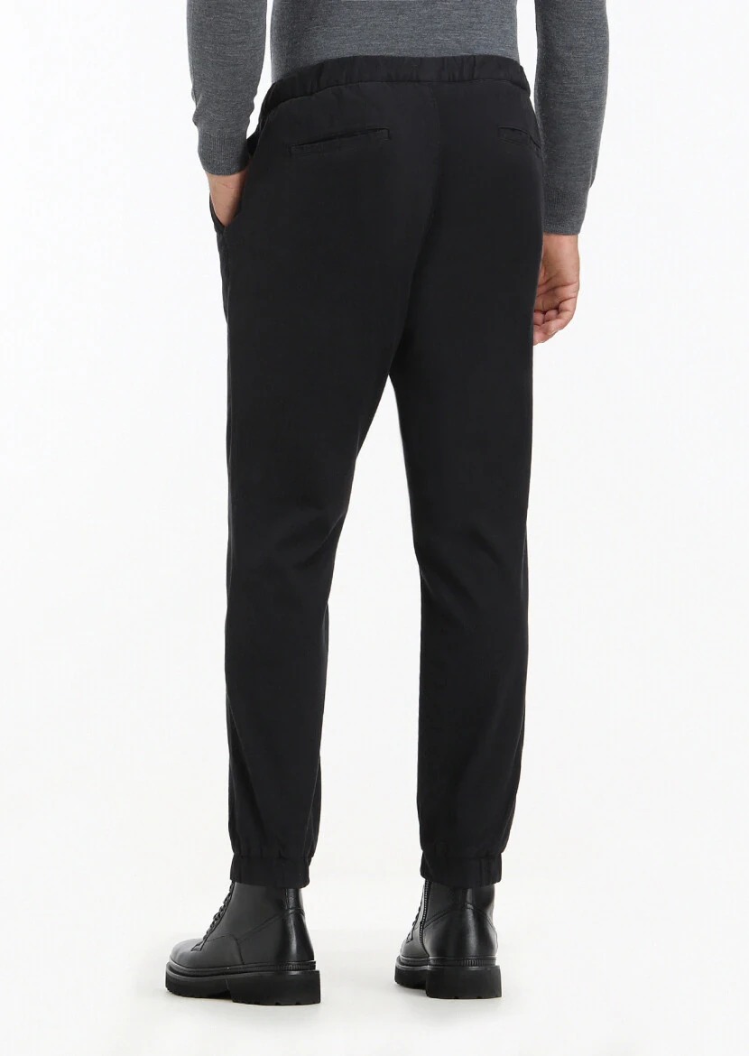 Siyah Düz Dokuma Jogging Fit Casual Pamuk Karışımlı Pantolon - 4