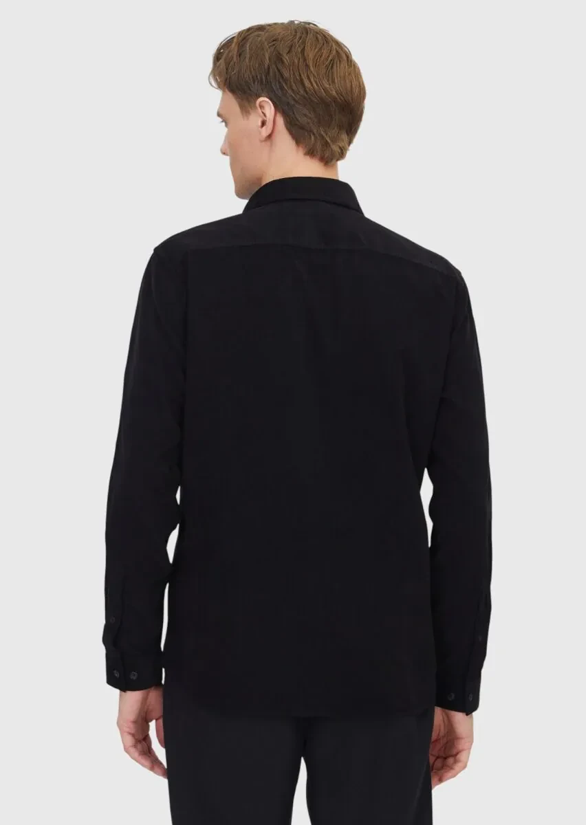 Siyah Düz Dokuma Kadife Casual %100 Pamuk Gömlek - 6