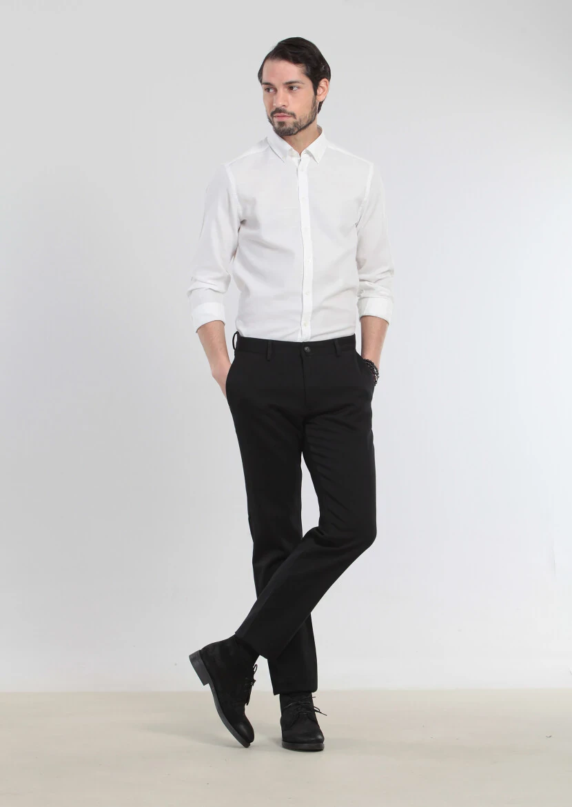 Siyah Düz Dokuma Regular Fit Casual %100 Pamuk Pantolon - 1