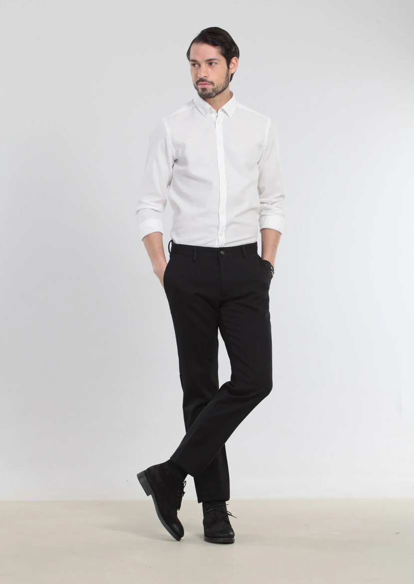 Siyah Düz Dokuma Regular Fit Casual %100 Pamuk Pantolon - 4