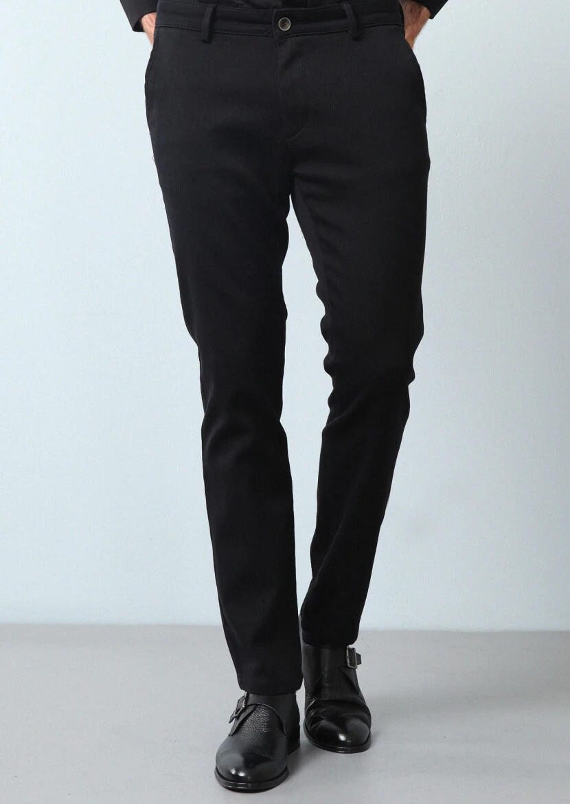 Siyah Düz Dokuma Regular Fit Casual %100 Pamuk Pantolon 