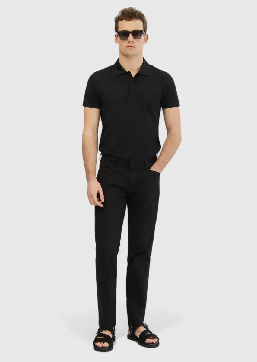 Siyah Düz Dokuma Regular Fit Casual Pamuk Karışımlı Pantolon - 1