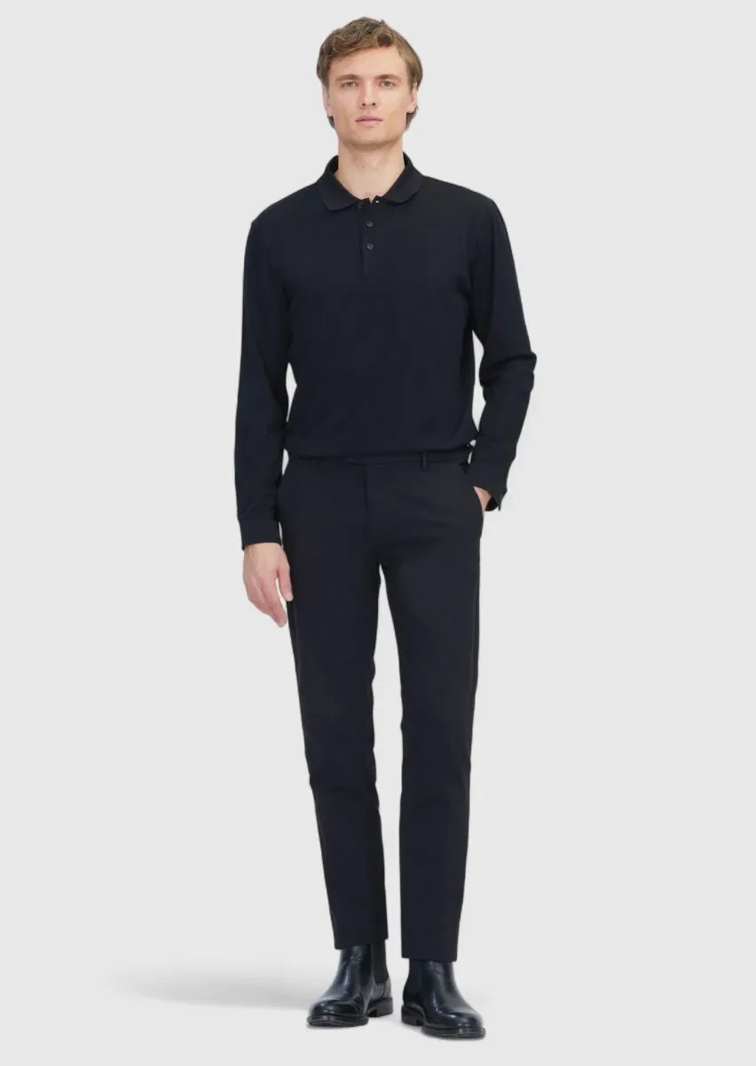 Siyah Düz Dokuma Regular Fit Casual Pamuk Karışımlı Pantolon - 1