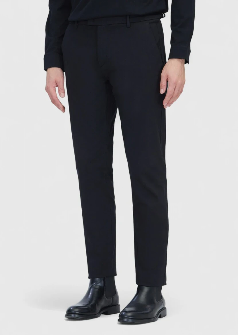 Siyah Düz Dokuma Regular Fit Casual Pamuk Karışımlı Pantolon - 3