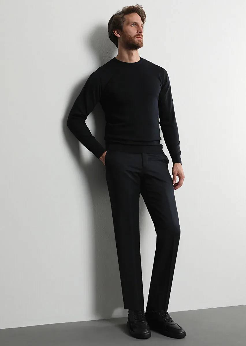 Siyah Düz Dokuma Regular Fit Klasik %100 Yün Pantolon - 1