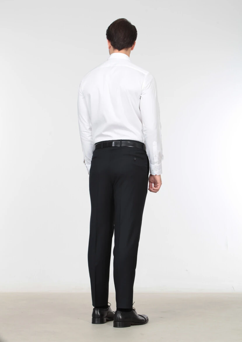 Siyah Düz Dokuma Regular Fit Klasik %100 Yün Pantolon - 4