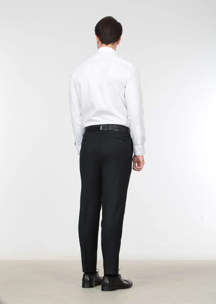 Siyah Düz Dokuma Regular Fit Klasik %100 Yün Pantolon - 4