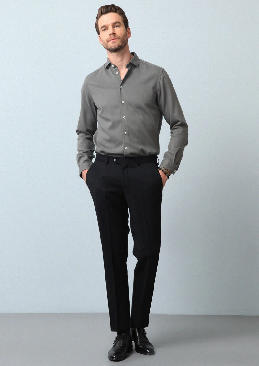 Siyah Düz Dokuma Regular Fit Klasik %100 Yün Pantolon - 1