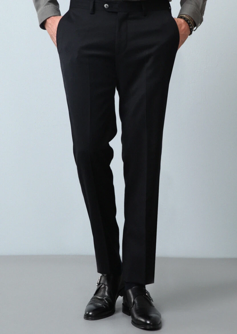 Siyah Düz Dokuma Regular Fit Klasik %100 Yün Pantolon - 2