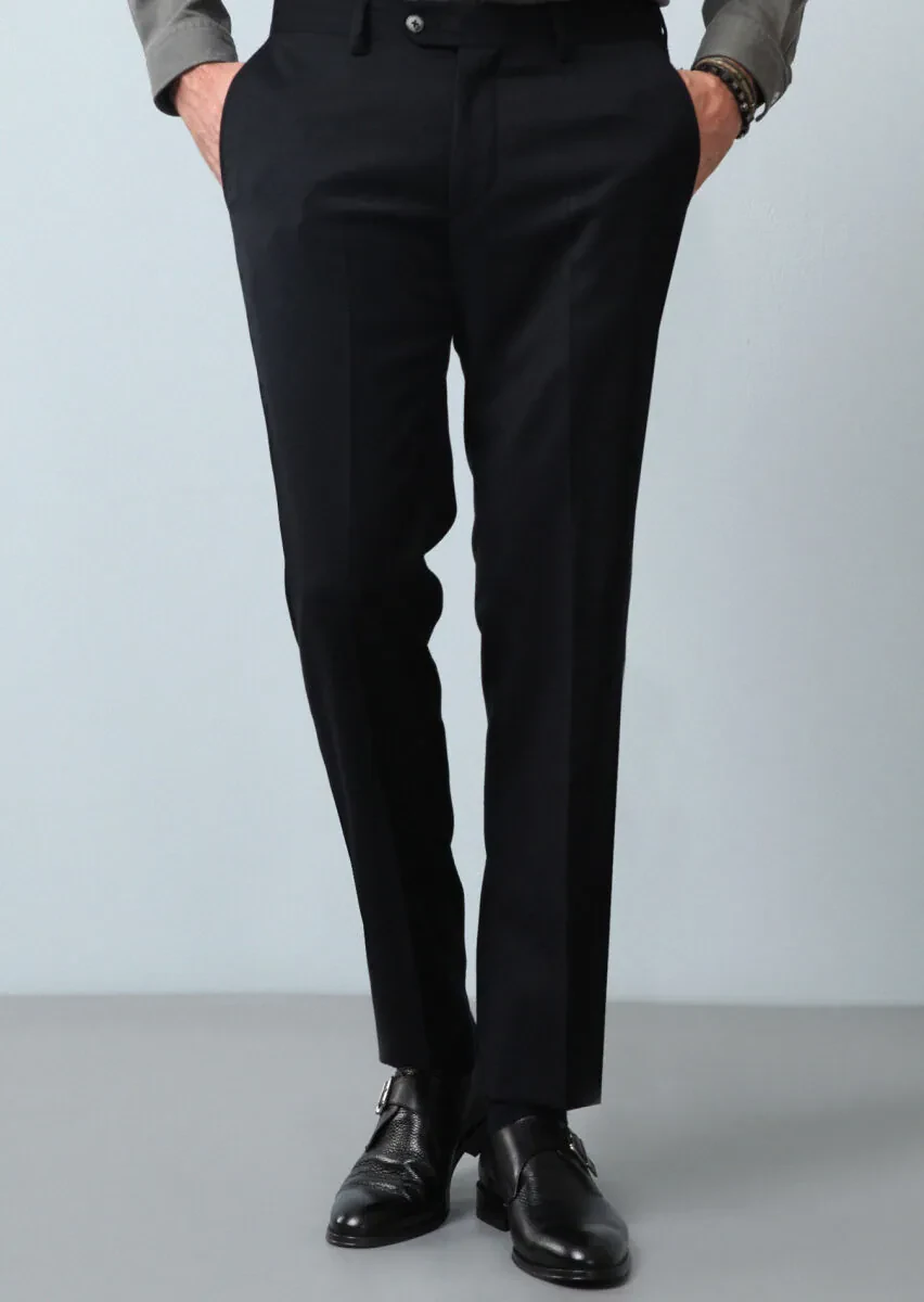 Siyah Düz Dokuma Regular Fit Klasik %100 Yün Pantolon - 2
