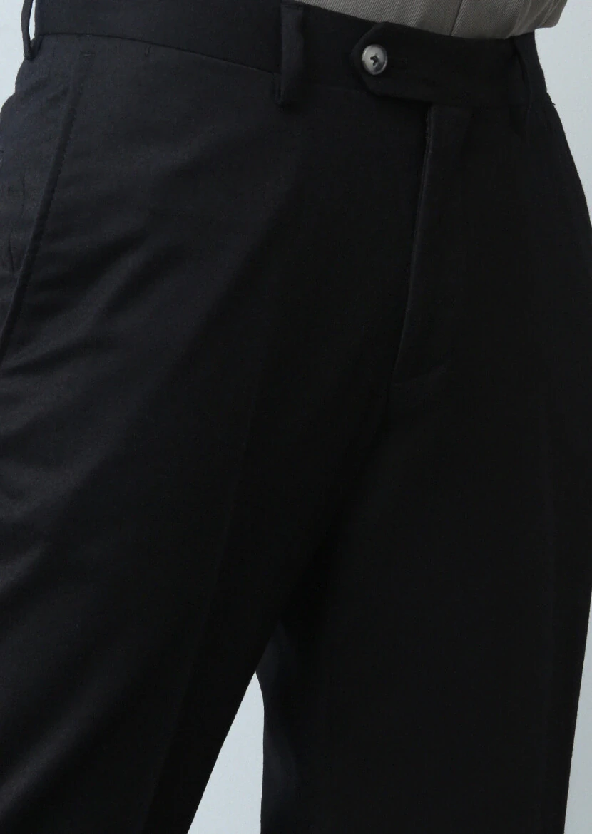 Siyah Düz Dokuma Regular Fit Klasik %100 Yün Pantolon - 3
