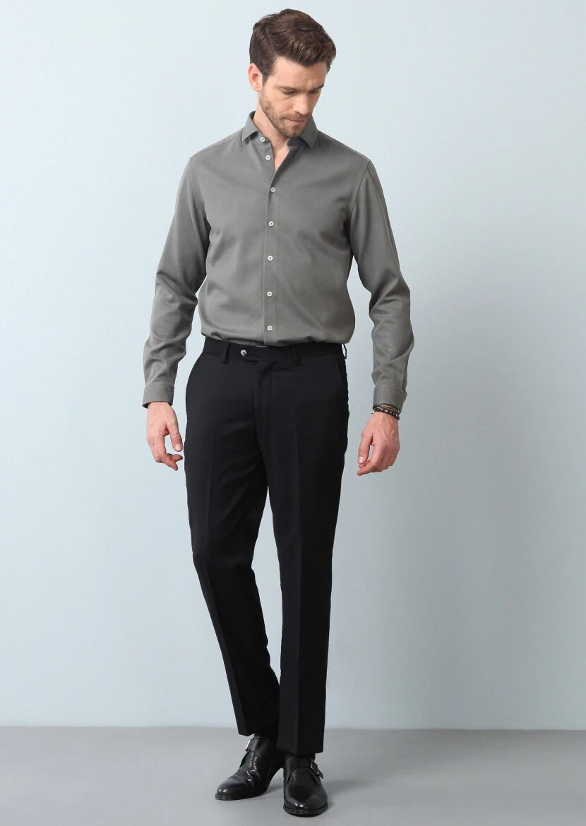 Siyah Düz Dokuma Regular Fit Klasik %100 Yün Pantolon - 4
