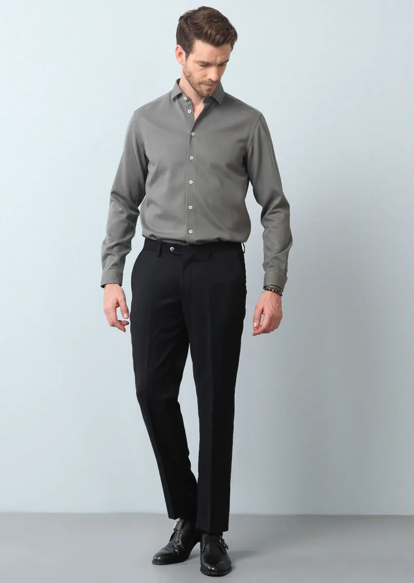 Siyah Düz Dokuma Regular Fit Klasik %100 Yün Pantolon - 4