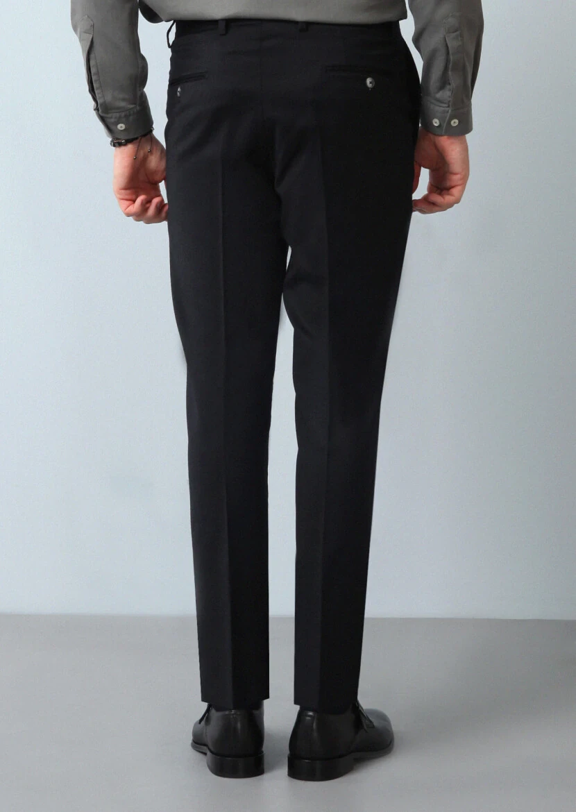 Siyah Düz Dokuma Regular Fit Klasik %100 Yün Pantolon - 5