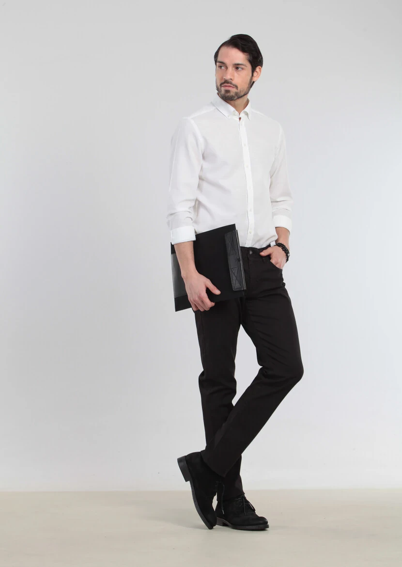 Siyah Düz Dokuma Slim Fit Casual Pamuk Karışımlı Pantolon 