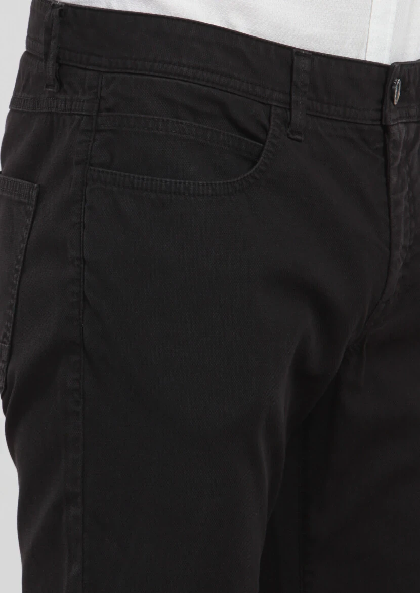Siyah Düz Dokuma Slim Fit Casual Pamuk Karışımlı Pantolon - 4