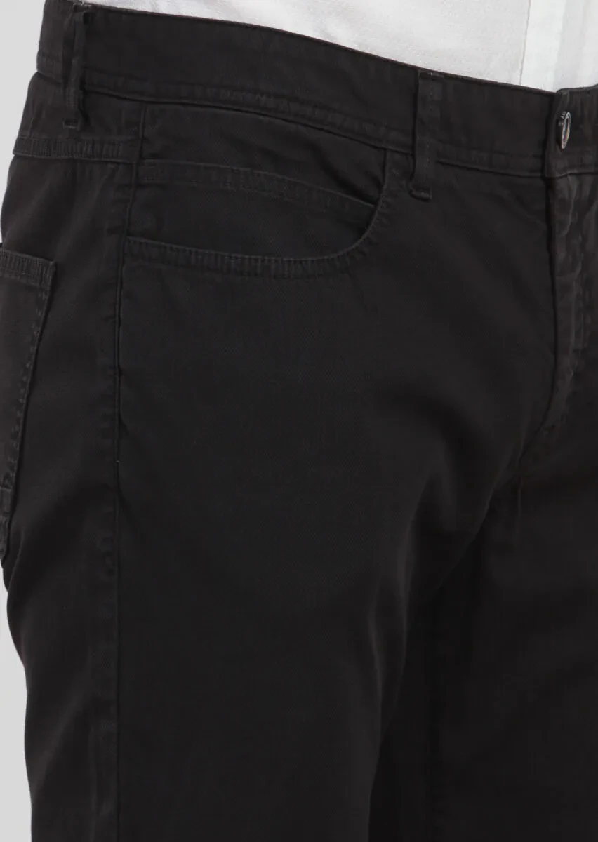 Siyah Düz Dokuma Slim Fit Casual Pamuk Karışımlı Pantolon - 4