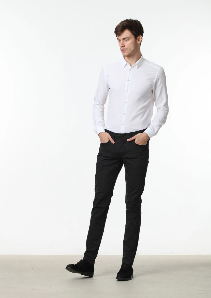 Siyah Düz Dokuma Slim Fit Casual Pamuk Karışımlı Pantolon - 1