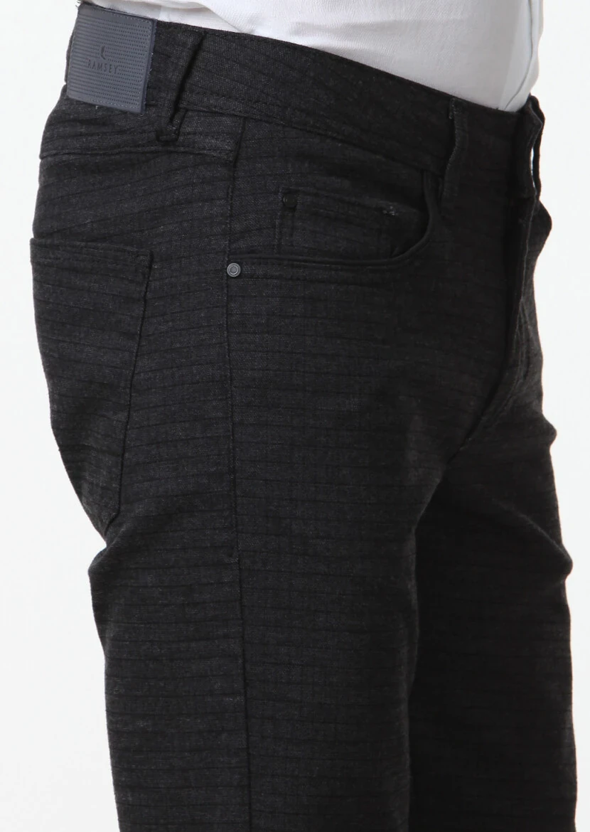 Siyah Düz Dokuma Slim Fit Casual Pamuk Karışımlı Pantolon - 3